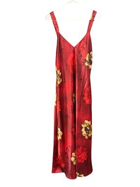 Vintage Inner Most Red Floral Maxi Slip Night Dress with Yellow Bloom Details